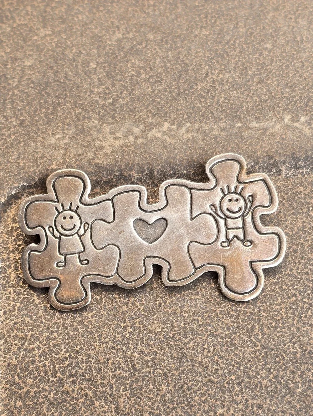 Vintage solid 925 sterling silver Autism awareness children heart puzzle pieces